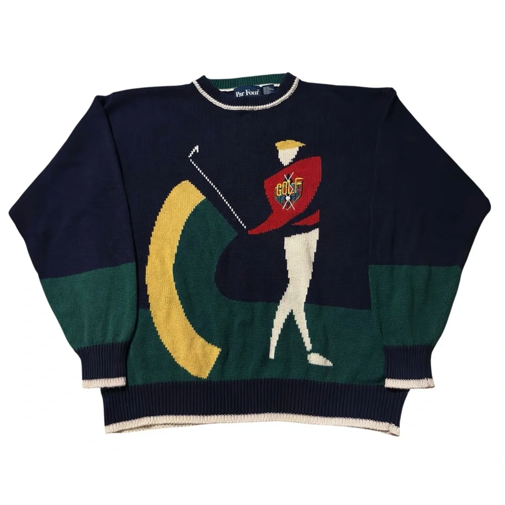 Vtg Grandpa Knit Sweater Large Multi Crewneck Golf Swing Scene 90s Par Four